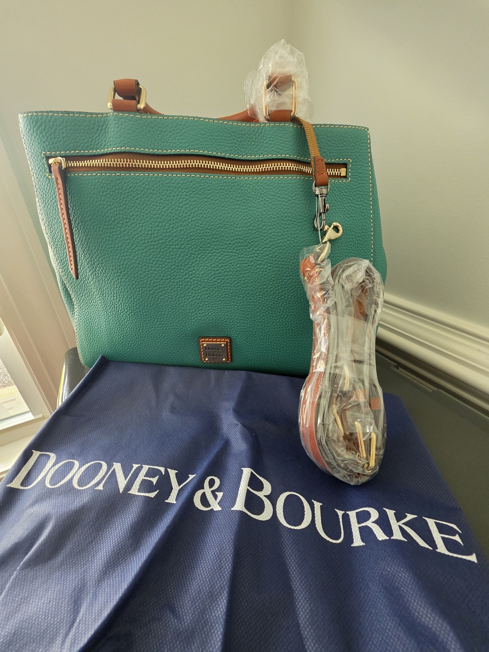 Dooney & Bourke Teal Pebble Leather Tote with Tan Accents